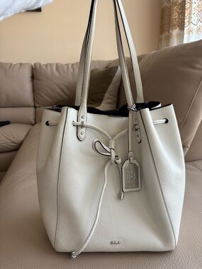 Ralph Lauren Cream Pebbled Leather Drawstring Tote